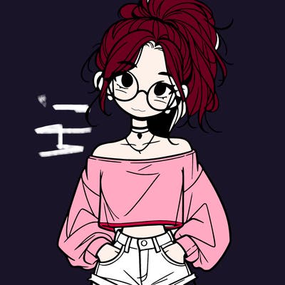 girl with a messy ponytail glasses a baggy crop top and jean shorts
