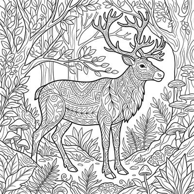 Unwind with this intricate adult coloring page featuring a majestic forest reindeer. Adorned with beautiful patterns amidst a detailed woodland, it's perfect for mindful relaxation and creativity.
