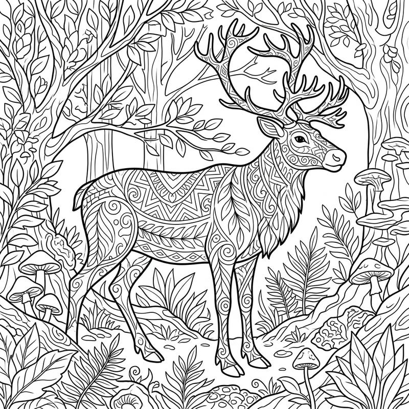 Unwind with this intricate adult coloring page featuring a majestic forest reindeer. Adorned with beautiful patterns amidst a detailed woodland, it's perfect for mindful relaxation and creativity.