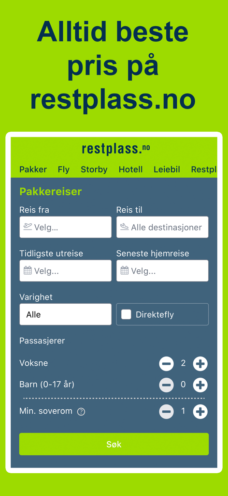 Oberfläche zur Suche nach Reisepaketen in der Restplass-Mobile-App
