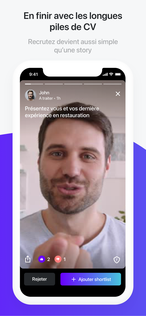 Jobstory - Recruiter interface in Jobstory app showing a candidate video introduction with options to shortlist or reject.
