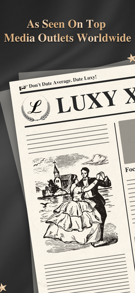 Un gráfico de periódico de estilo vintage para Luxy PRO que presenta a una pareja bailando y un eslogan sobre citas de élite.
