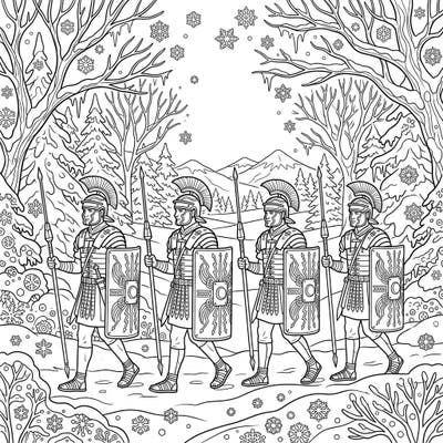Embark on an epic adventure with this unique coloring page featuring Roman Legionaries marching through a stunning Winter Wonderland. Discover the intricate details of their armor and the beautiful snowy landscape, perfect for a captivating artistic experience.