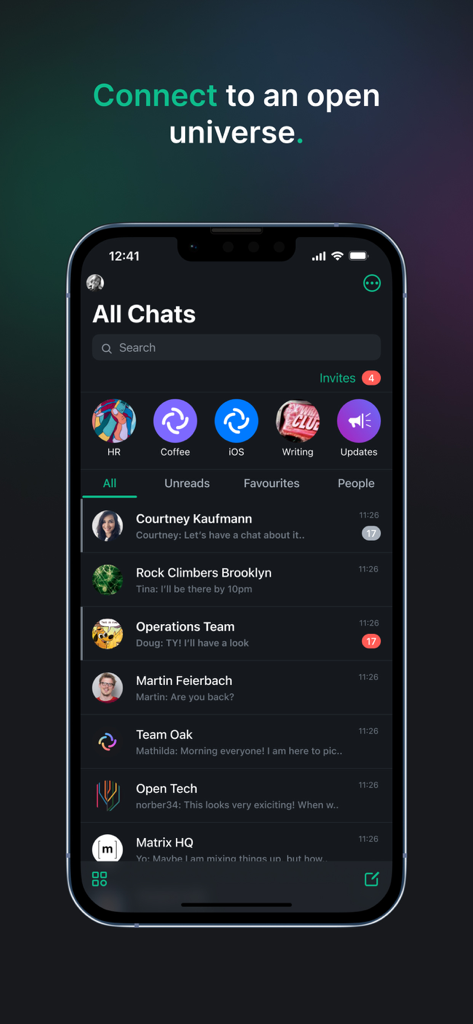 Application mobile Element Classic montrant l'écran de toutes les discussions avec divers fils de conversation et icônes de groupe