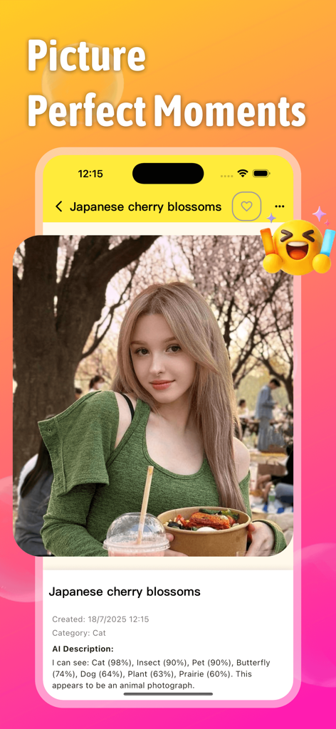 Gumist app interface displaying AI photo analysis for a portrait at a cherry blossom picnic