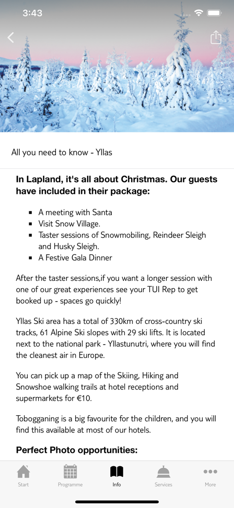 TUI Santa Trips - Pantalla de la aplicación TUI Santa Trips con detalles de viaje y actividades de Yllas Laponia.