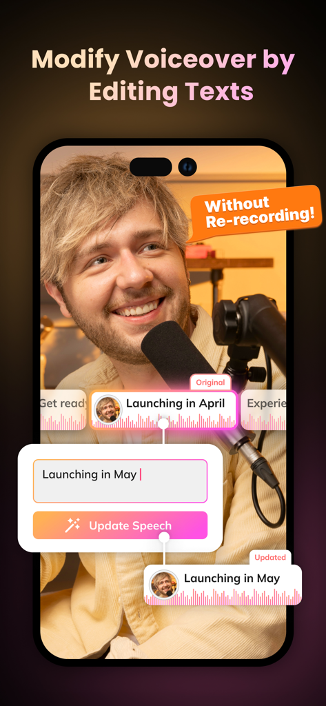 Vozo app interface showing how to modify voiceover audio by editing text without re-recording.