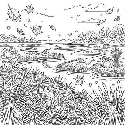 Embrace the beauty of the fall season with this stunning salt marsh coloring page. Delicate marsh grasses, winding waters, and festive autumn elements await your creative touch.
