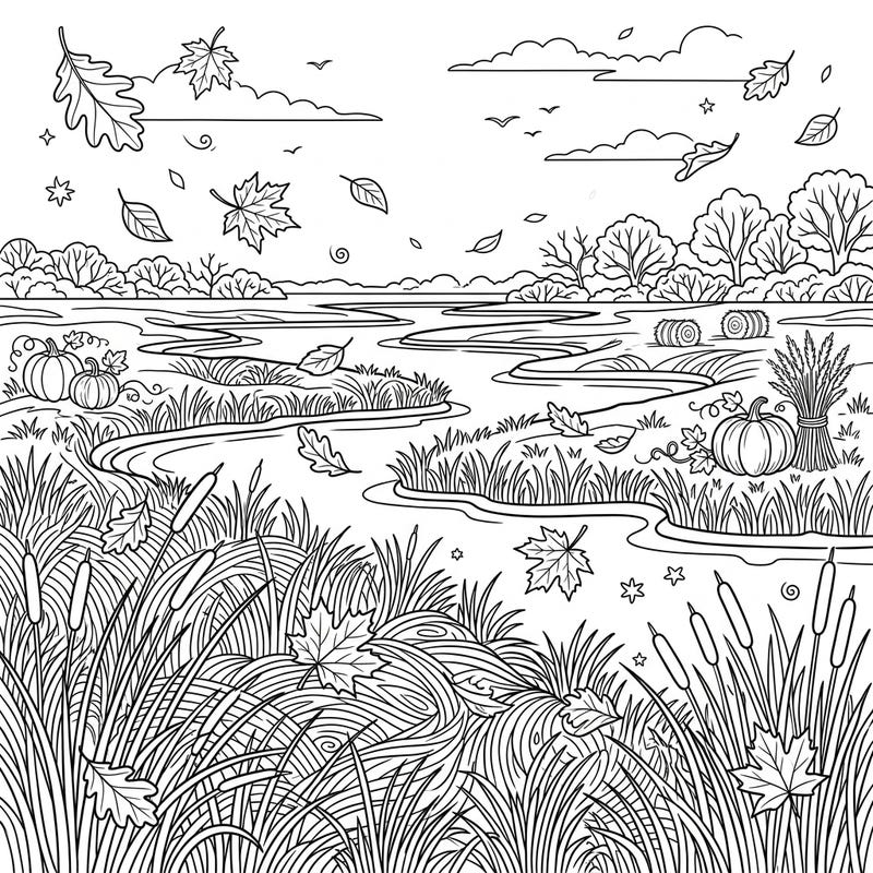 Embrace the beauty of the fall season with this stunning salt marsh coloring page. Delicate marsh grasses, winding waters, and festive autumn elements await your creative touch.