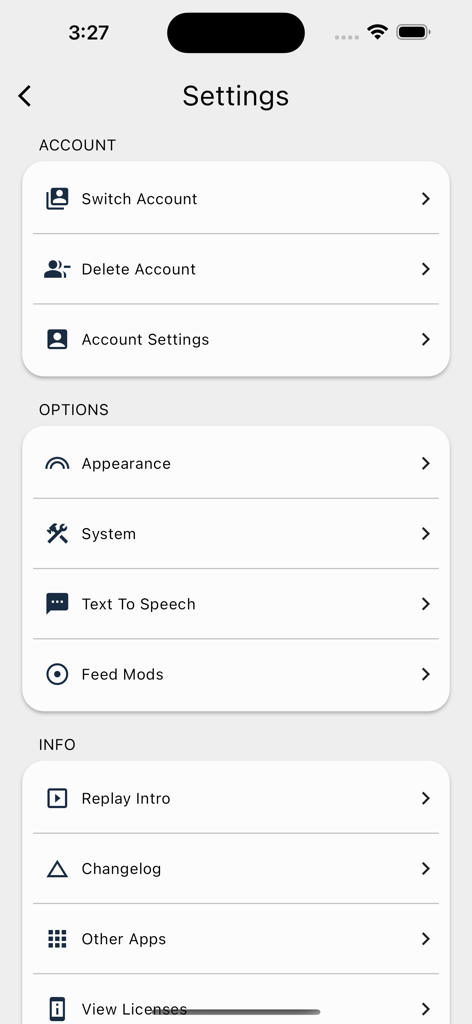 The settings interface of the Stratum RSS reader displaying account and customization options.