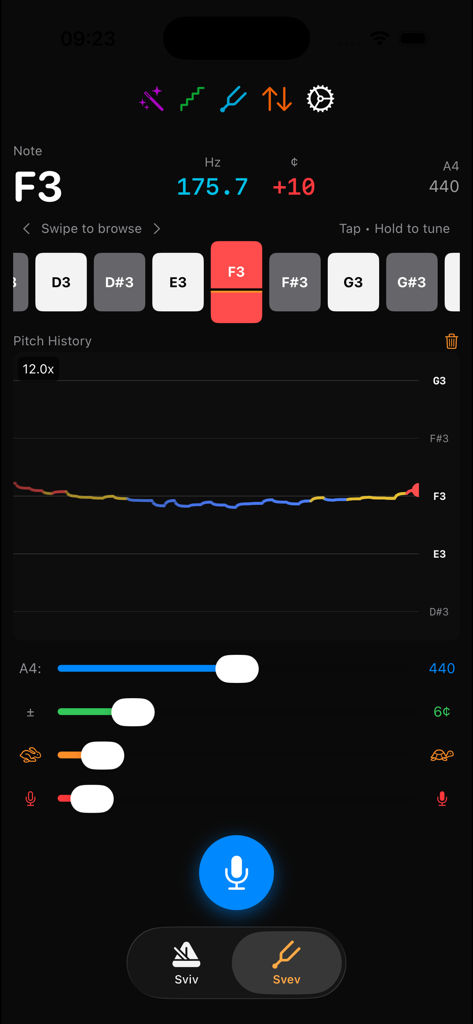Svev & Sviv Lite - Svev and Sviv Lite music tuner interface displaying pitch history and frequency analysis