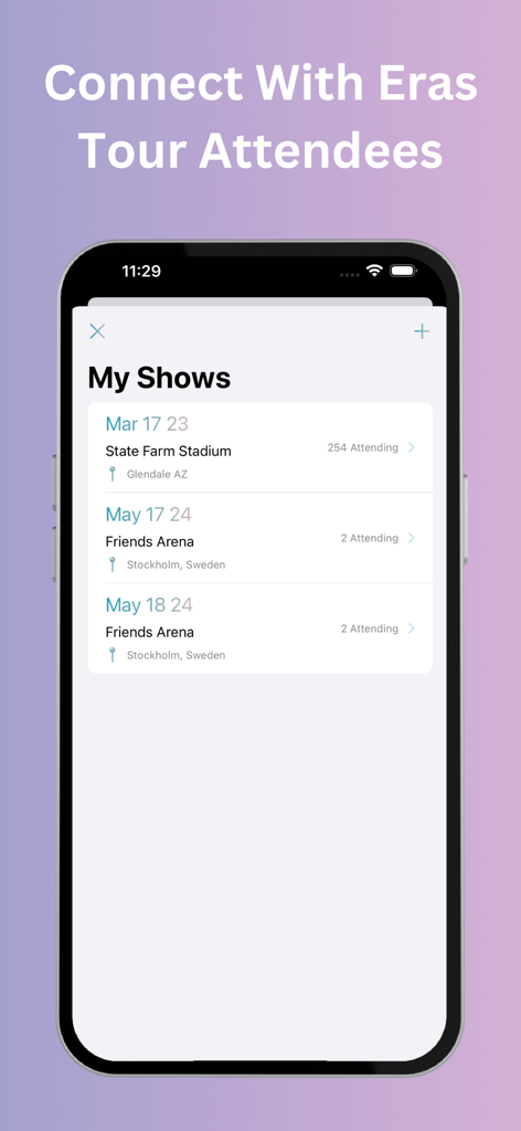 Swift Space - Find Swifties - Swift Space app screen showing Eras Tour concert dates and attendee counts