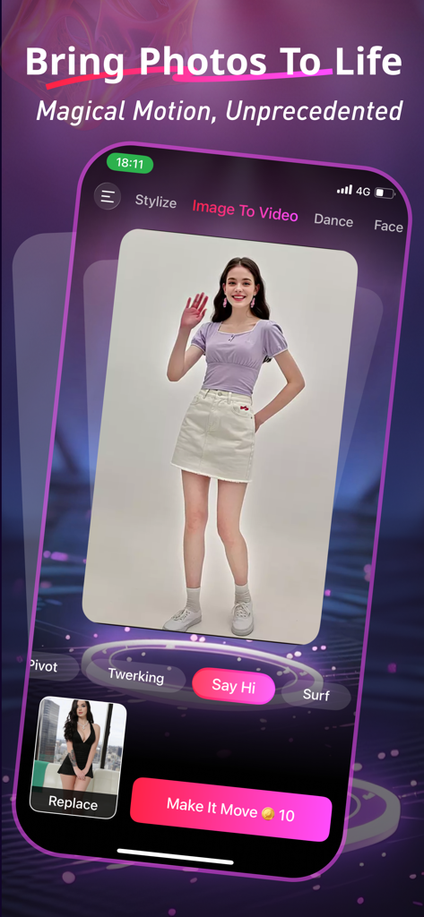 Stymov - Pantalla de la aplicación Stymov mostrando la herramienta de conversión de imagen a video IA con preajustes de movimiento.