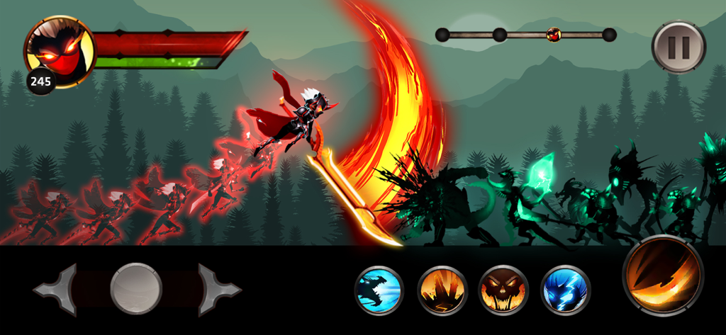 Lutador de sombra stickman realizando um poderoso golpe de espada de fogo contra monstros em uma floresta escura