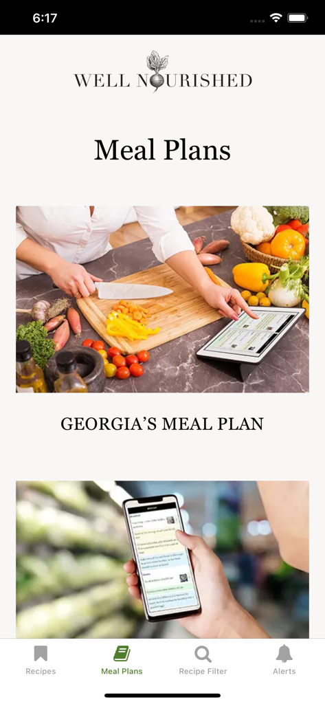 Interfaz de la aplicación Well Nourished que muestra planes de comidas saludables personalizados en una tablet y smartphone