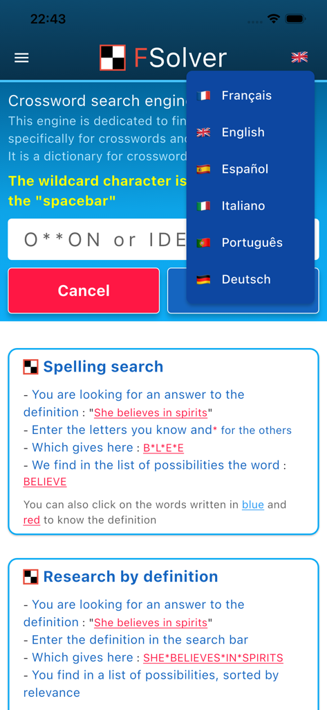 Interface de l'application FSolver montrant la recherche par modèle de lettres et définition avec options de langue.