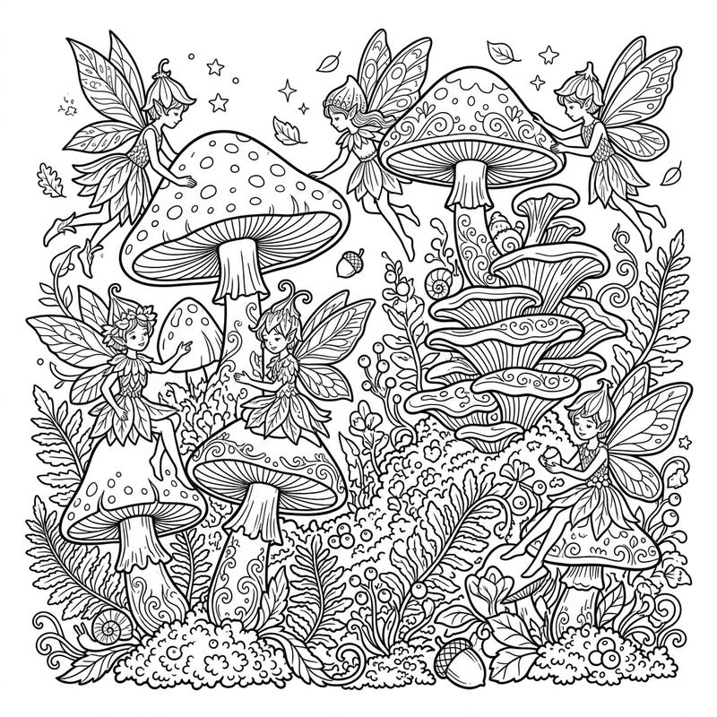 Dive into a magical woodland realm with this exquisitely detailed adult coloring page. It features charming mushroom fairies nestled among intricate fungi and lush forest foliage, promising hours of creative enchantment.