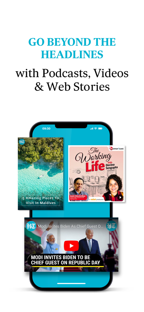 Hindustan Times app screen displaying a variety of multimedia content including podcasts, videos, and web stories.