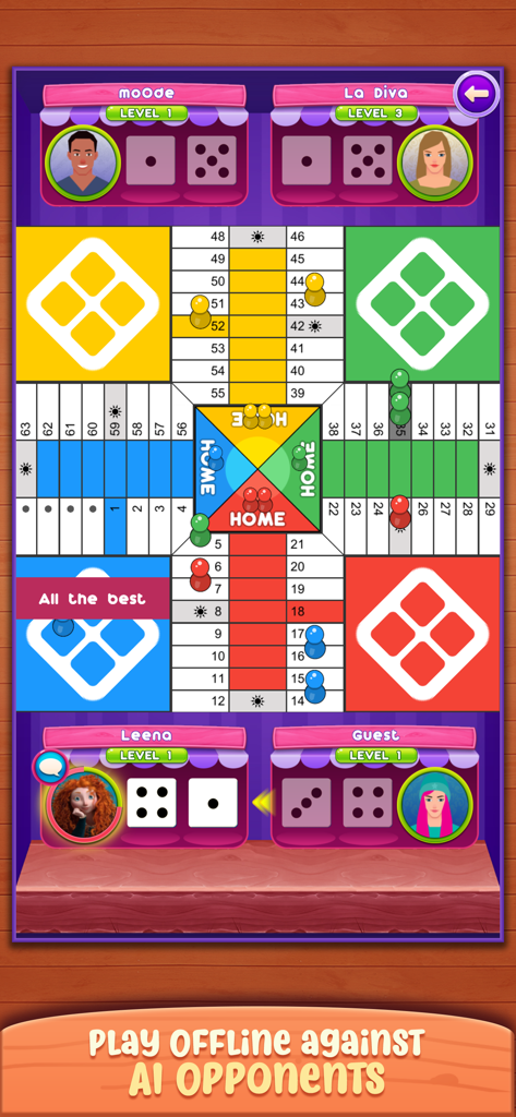 Una interfaz digital del juego de mesa Parchis mostrando cuatro jugadores y fichas en modo offline contra oponentes de IA