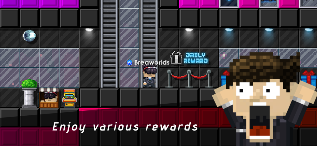 A pixelated character in Breaworlds stands near a daily reward sign in a custom-built world