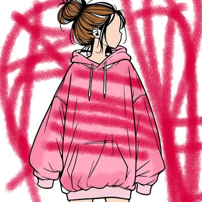 realistic girl with a oversized sweatshirt on and a bun