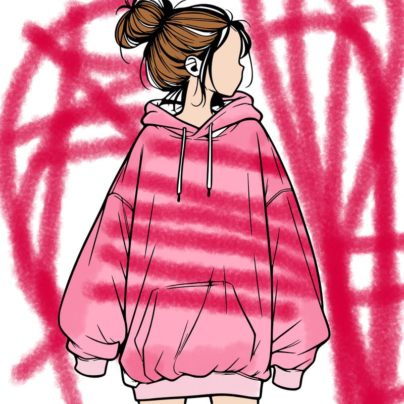 realistic girl with a oversized sweatshirt on and a bun
