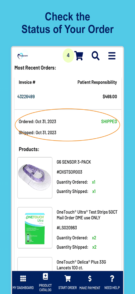 Screenshot of the mybyram app showing a medical supply order marked as shipped with invoice and product details.