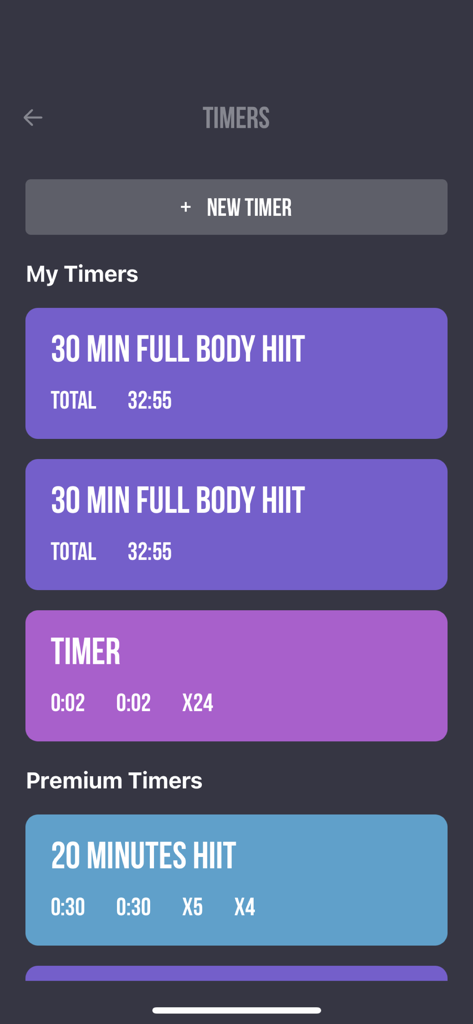 Interval Timer ++ - Mobile app screen showing a list of custom and premium HIIT workout timers with a clean purple and blue interface