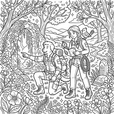 Join two intrepid Relic Retrievers on a thrilling spring expedition as they seek ancient artifacts amidst blooming nature. This intricate coloring page invites you to add vibrant hues to their exciting quest.
