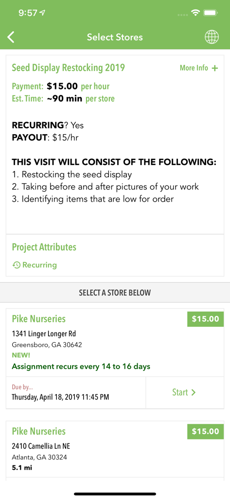 Survey Merchandiser - Survey Merchandiser 앱 화면은 급여율 및 작업 세부 정보와 함께 지역 소매 작업 기회를 보여줍니다.