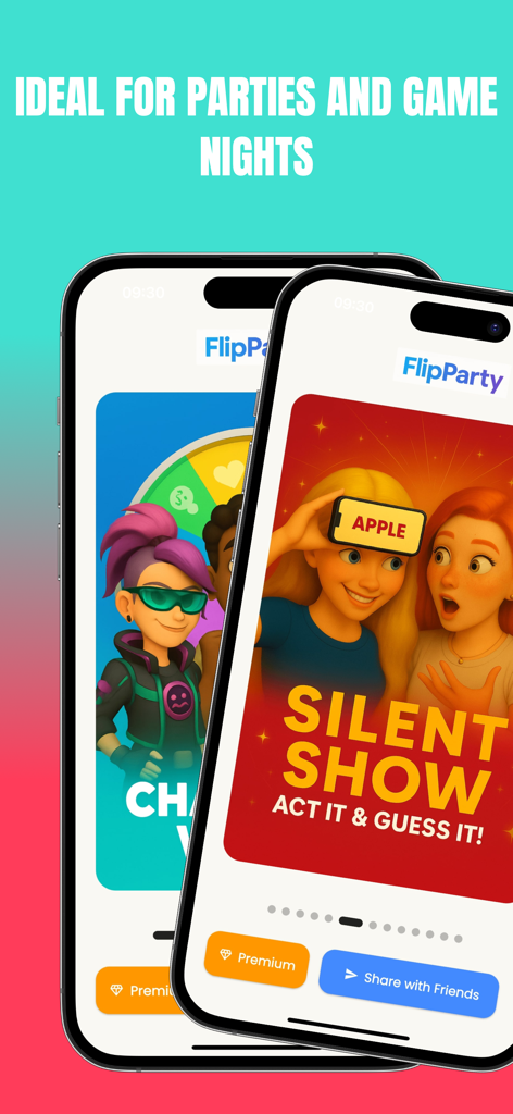 Two smartphones displaying the Silent Show and Charades game modes from the FlipParty app.