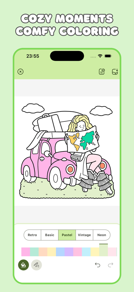 Cozy Coloring Book for Adults - A digital coloring page of a girl sitting on a pink car holding a map with pastel color palettes.