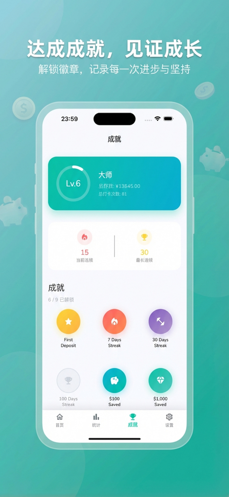 小青存钱打卡-记账理财好帮手 - Écran des réalisations de l'application Xiaoqing Savings montrant le niveau de progression et les badges gagnés