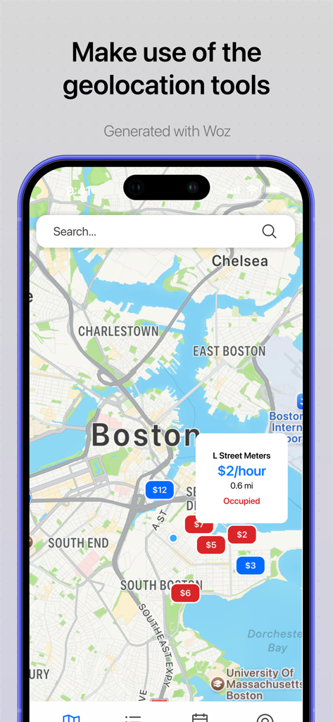 Woz - App Builder - A mobile app interface built with Woz showing geolocation tools and a map of Boston with parking location markers