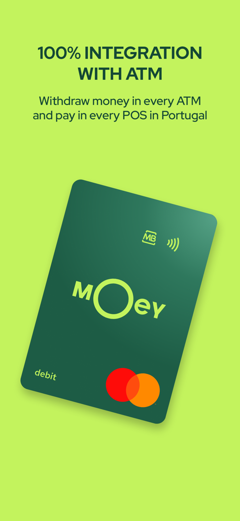 Green Moey debit card showing ATM and POS integration in Portugal