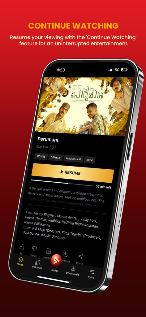 Saina Play app interface displaying the continue watching feature for a Malayalam movie