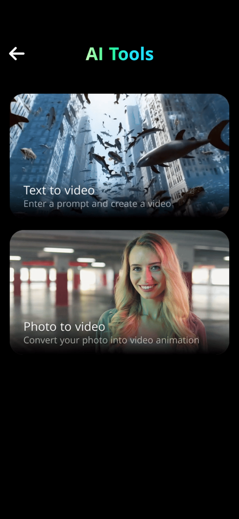 Ai Kiss Video Maker : Picfy - Menu principal des outils IA montrant les options Texte en vidéo et Photo en vidéo.