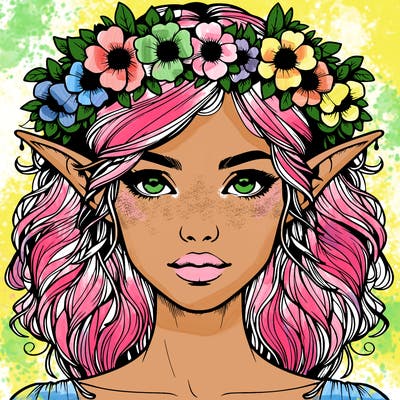 realistic female elf with flower crown