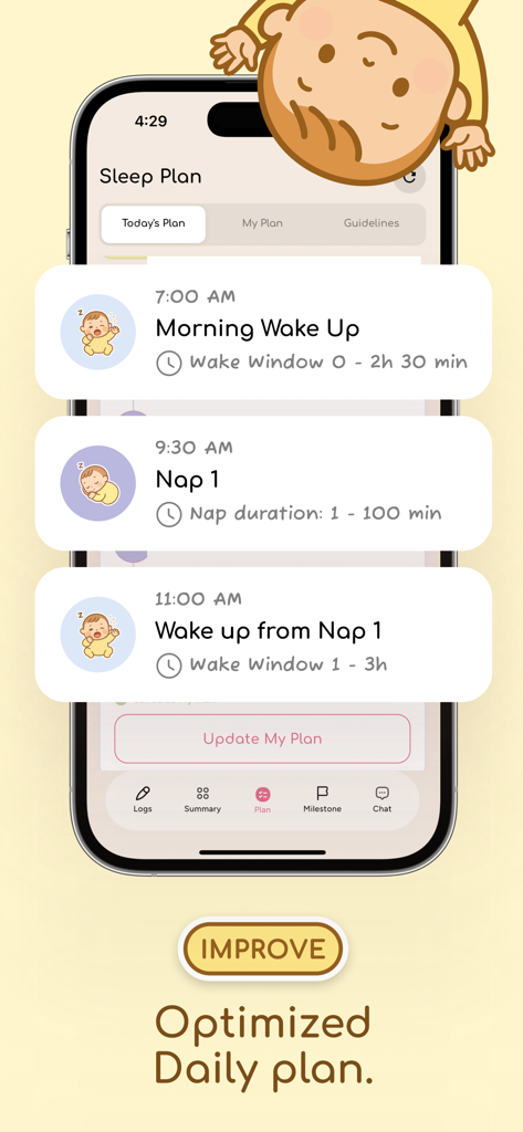 Cocoo: AI Baby Sleep Debugger - Interface of the Cocoo app showing an optimized daily baby sleep schedule with wake windows and nap times