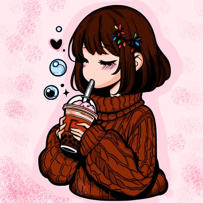 manga girl drinking boba in cozy sweater