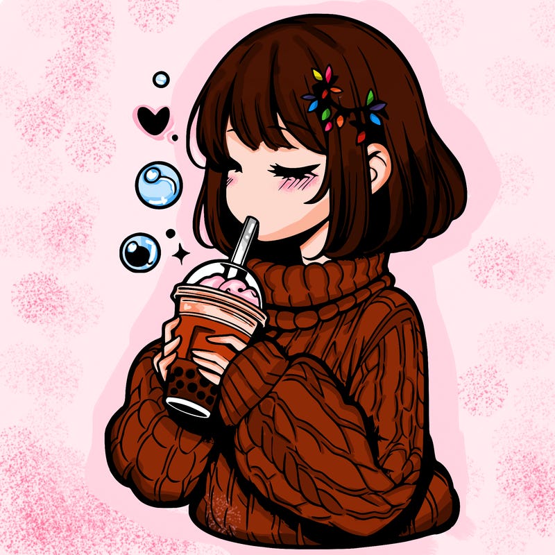 manga girl drinking boba in cozy sweater