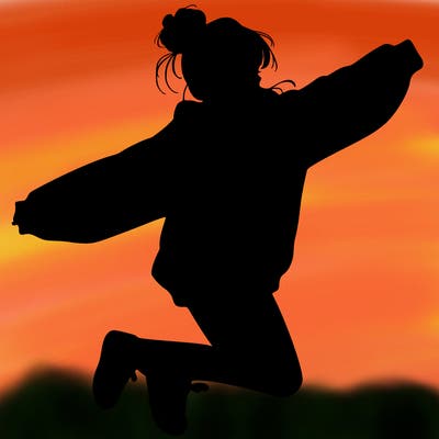 realistic girl jumping with a bun and oversized sweatshirt
