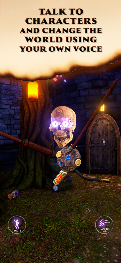 Waltz of the Wizard - 마법사의 왈츠에 나오는 대화하는 해골 캐릭터 스컬리가 음성 상호작용 기능을 강조하고 있습니다.