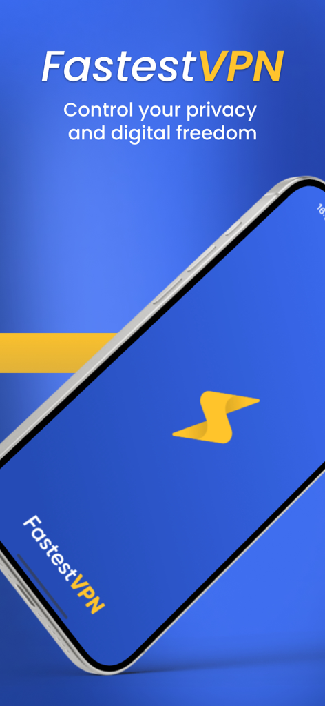 Écran d'accueil de l'application FastestVPN sur iPhone avec le slogan Contrôlez votre vie privée et votre liberté numérique