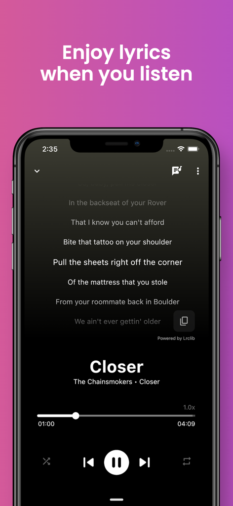 Smartphone screen showing the Youtify music player with synchronized lyrics in dark mode