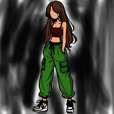 girl in baggy pants crop top and long hair