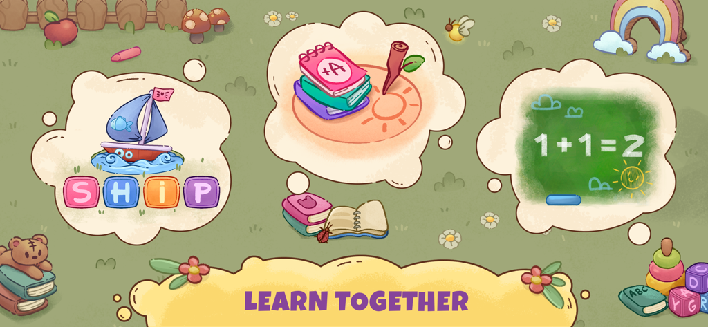 A screen from the Cats Care app showing educational activities like spelling math and writing