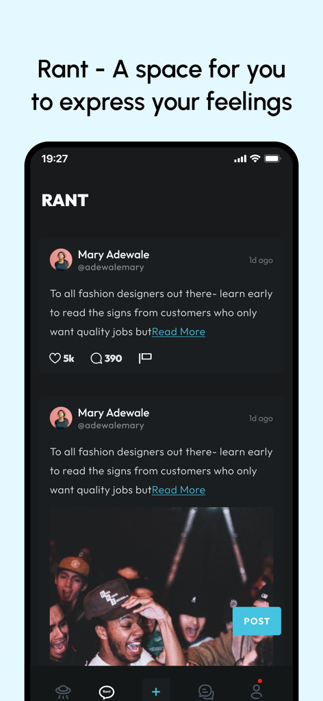 Creatlie - A screenshot of the Creatlie mobile app showing the Rant feature for creative professionals to share their thoughts.