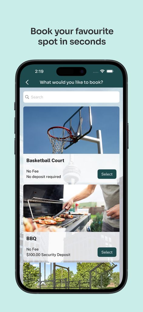 Condo Control App - Condo Control app interface for booking community amenities like basketball courts and BBQ areas