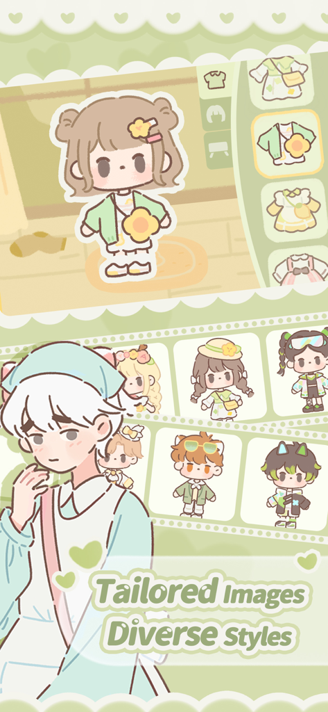 Purrfect Tale - Ein Screenshot der Purrfect Tale App, der eine Charakteranpassungsansicht mit verschiedenen süßen Outfits und einen Filmstreifen mit verschiedenen Charakterstilen zeigt